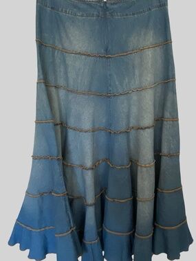 Together Blue Faded Denim Y2K Flare Western Prairie Rodeo Midi Skirt-Sz-9/10